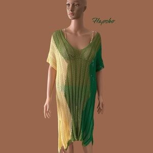 Hapsho Curve Boho Crochet Green Cream Swimwear Beachwear Cover-Up SZ 0XL